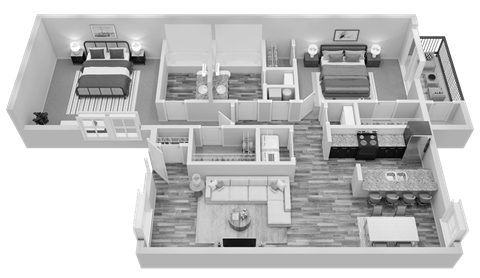 Floor plan for 2 beds, 2 baths, 1102 sqft